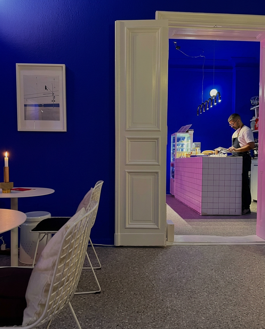 View through the old building door frame onto the pink café counter