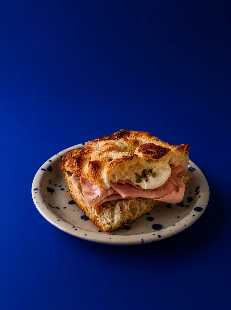 Signature focaccia with mortadella, burrata and pistachio